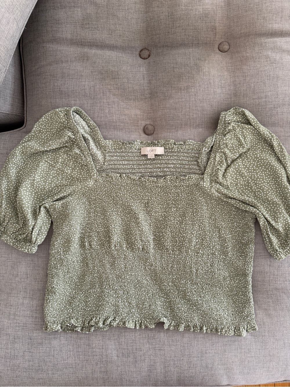 LOFT Olive Green Smocked Puff Sleeve Crop Top with Dot Print